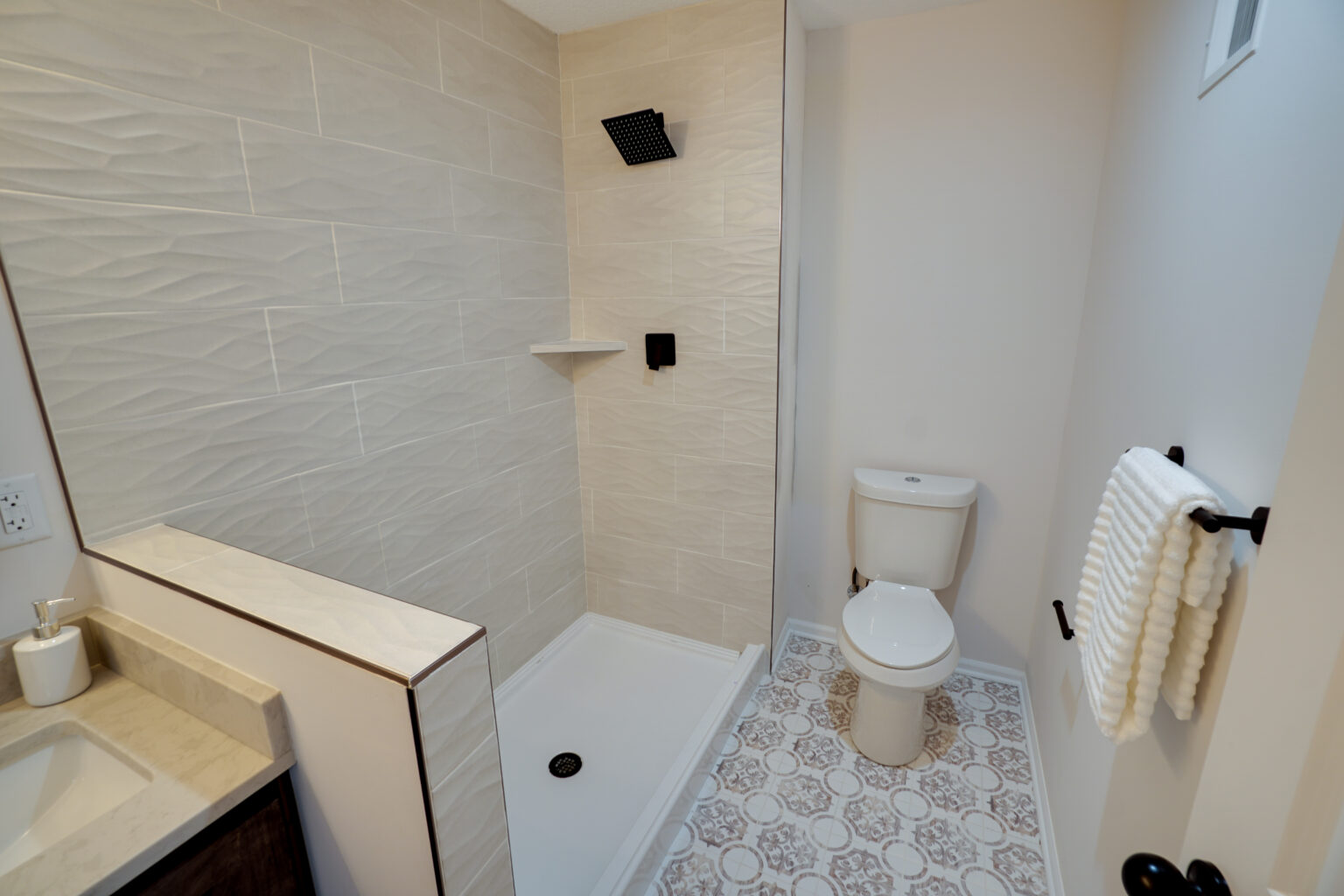 a bathroom with white walls