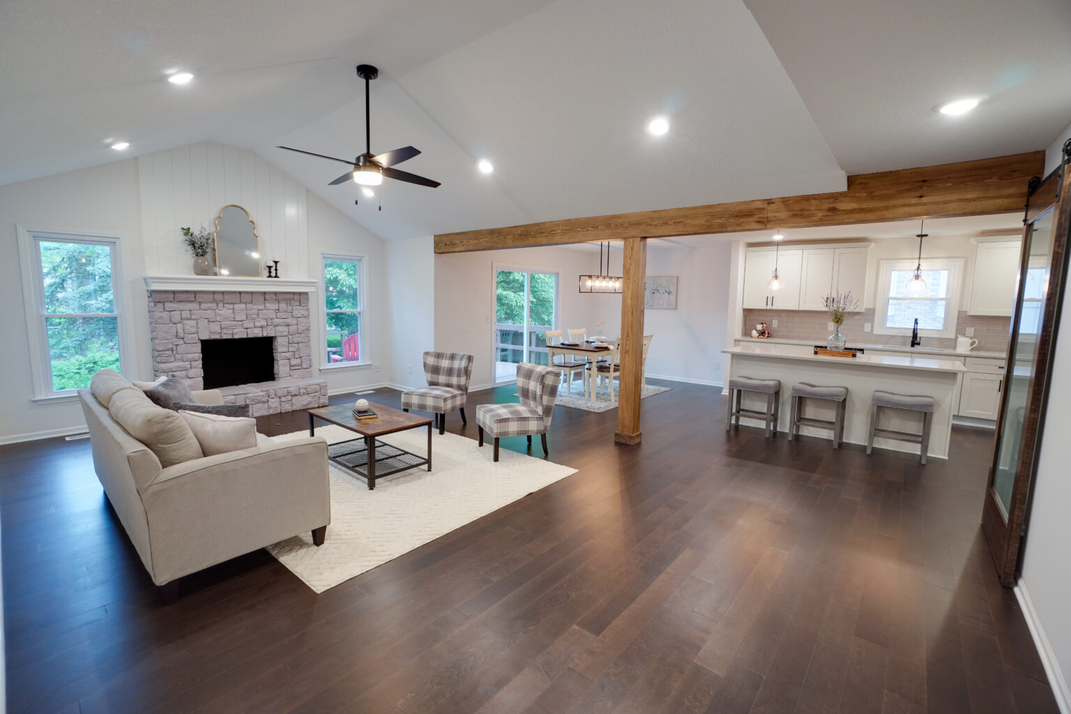 a kitchen, dining area, and living room 2